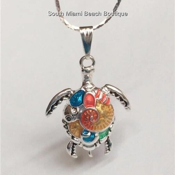 Silver Sea Turtle Necklace 18" Multicolor Colorful Enamel Nautical Island Beach - Picture 9 of 10